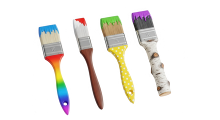 Four paintbrushes with colorful handles isolated on transparent background