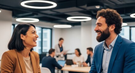 Diverse colleagues in a modern office engage in a friendly conversation