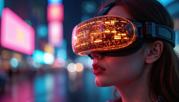 Woman wears VR headset exploring futuristic city with neon lights. Digital immersion, advanced tech, cyber adventure, virtual reality experience, metaverse exploration, future living.