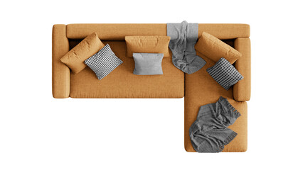 Top view of a couch with pillows on a transparent background.