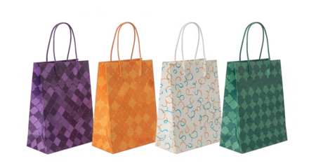 Four colorful paper gift bags isolated on transparent background