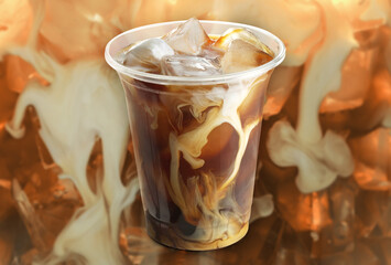Tasty iced coffee in plastic cup, poster
