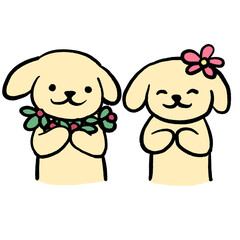 Cute illustration of two dogs holding flowers with gentle smiles. The design conveys kindness, celebration, and warmth, making it suitable for Christmas and New Year greetings, and friendship themes.