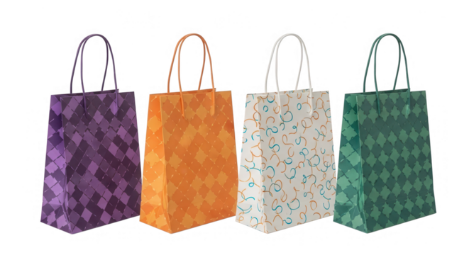 Four colorful paper gift bags isolated on transparent background