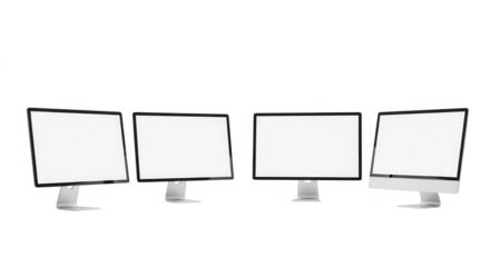 Four computer monitors isolated on transparent background in a row