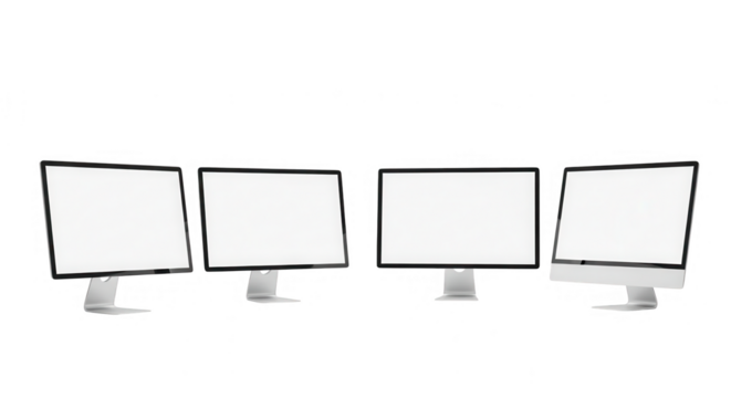Four computer monitors isolated on transparent background in a row