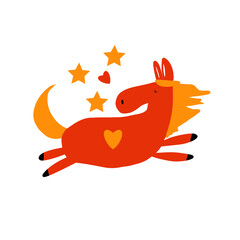 Cute Red Cartoon Horse with Stars and Heart – Kids wall art design