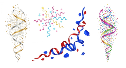 Colorful confetti and streamers isolated on transparent background