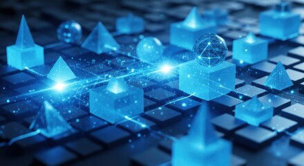 Abstract digital landscape showcasing geometric shapes with luminous accents and circuit pathways