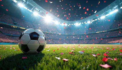 Soccer ball on green grass in a stadium after a final match. Confetti falls on the pitch during a championship celebration. The moment of victory for the winning team at the arena after the game ends.