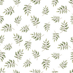 Seamless pattern with green branches. Watercolor illustration for interior design, printing on clothing and fabric, cafe and restaurant decor, and packaging design.