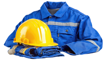 Industrial worker in blue work wear uniform wearing bright yellow safety helmet for protection and professionalism isolated on white background