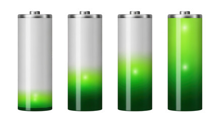 Four batteries showing different levels of charge isolated on transparent background