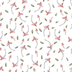 Seamless pattern with fly agaric mushrooms and leaves. Watercolor illustration for interior design, printing on clothing and fabric, decorating cafes and restaurants, and packaging design.