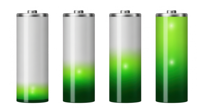 Four batteries showing different levels of charge isolated on transparent background