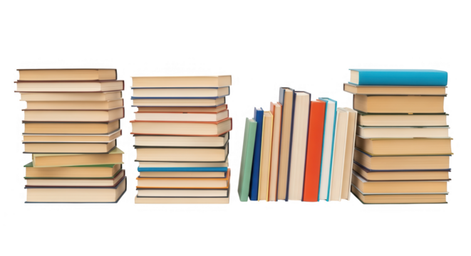 Stacks of books arranged in a row isolated on transparent background
