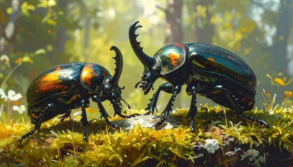 Two rhinoceros beetles with iridescent shells stand on mossy ground.