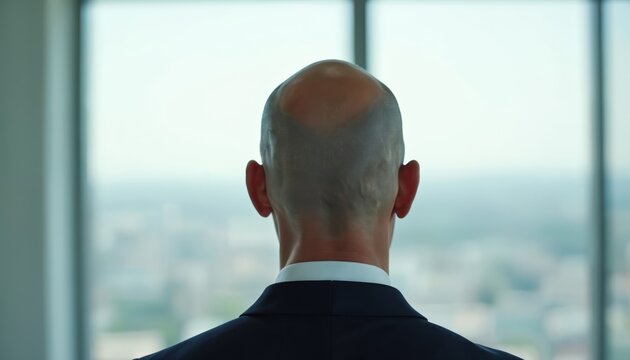 Bald man in suit views city through window. Back view of businessman contemplates urban landscape. Corporate worker observes metropolis in office building. Financial advisor looks forward at horizon. - Powered by Adobe