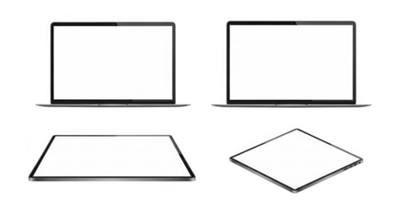 Four modern laptop and tablet devices isolated on transparent background