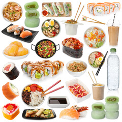 Asian food and drink isolated on white, collection