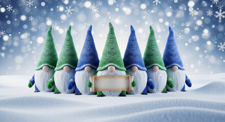 Group of gnome figures wearing green and blue hats on snow, holding a scroll. Representative of winter holiday, fantasy, Christmas, and greeting card concept