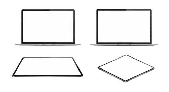 Four modern laptop and tablet devices isolated on transparent background