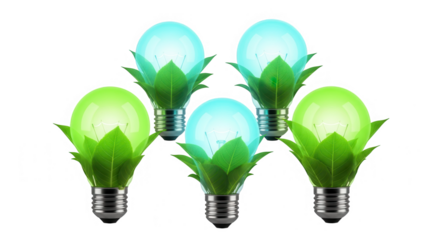 Decorative light bulbs with green leaves isolated on transparent background