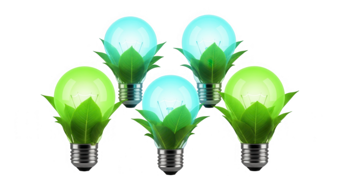 Decorative light bulbs with green leaves isolated on transparent background