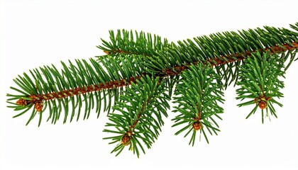 Fir tree twig with small pine needles, photographed on a white background