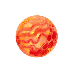 A stylized children's illustration of the Red Planet in watercolor and pencil. Isolated illustration for children's textile design and space-themed parties.