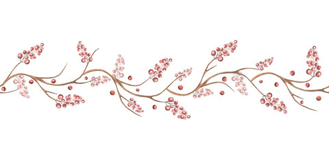 Seamless border with bare branches and berries. Isolated watercolor illustration for interior design, textiles, apparel printing, and packaging.