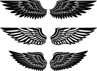 Angel wings silhouette collection, black bird feather set for tattoo and logo design, cad drawing flat vector 