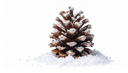 Pine cone covered in artificial snow, cleanly isolated on a white background