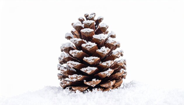 Pine cone covered in artificial snow, cleanly isolated on a white background
