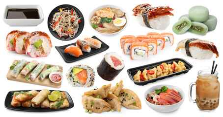 Asian food and drink isolated on white, collection