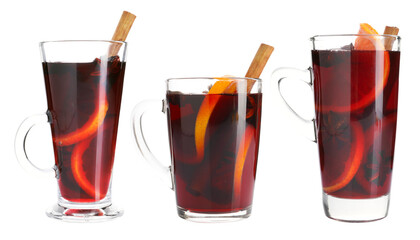 Mulled wine in glass cups isolated on white, top view