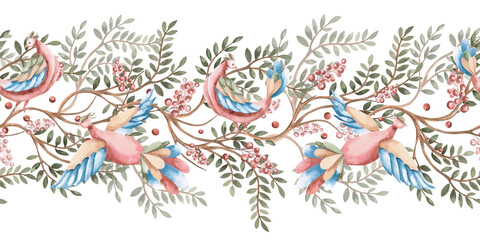A seamless border with branches with leaves, berries, and stylized flying birds. Isolated watercolor illustration for interior design, textiles, apparel printing, and packaging.