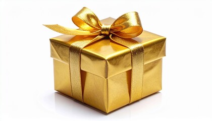 Obraz premium Small gift box wrapped in shiny gold paper and ribbon, isolated on a white background