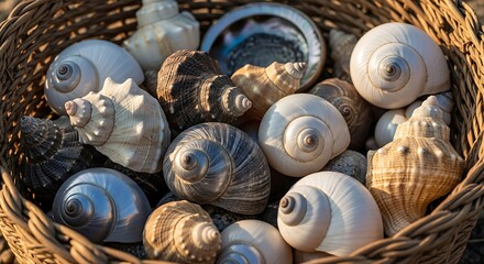 A diverse collection of assorted seashells, including spiral and iridescent specimens, gathered together in a rustic woven wicker basket