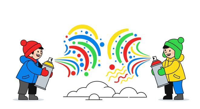 Two cartoon children in winter clothes creating colorful, abstract graffiti art together with large spray paint cans.