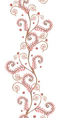 A vertical seamless border with stylized rose branches. Isolated watercolor illustration in a folk style for interior design, textiles, apparel printing, and packaging.