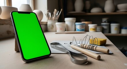 Smartphone with green screen on pottery studio workbench. Ceramic tools, glazes, and art supplies surround the device, illustrating technology meeting craftsmanship