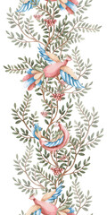 Obraz premium A vertical seamless border featuring stylized flying birds against a backdrop of curved branches and rowan berries. Isolated watercolor illustration for interior design, textiles, apparel printing.