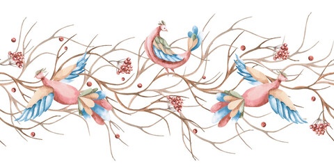 A seamless border featuring stylized flying and perched birds against a backdrop of curved rowan branches. Isolated watercolor illustration for interior design, textiles, apparel printing.