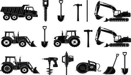 Set of construction machinery silhouettes including excavator dump truck tractor and tools like shovel hammer drill vector illustration isolated on white background.