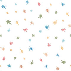 A seamless pattern with stylized multicolored stars. Watercolor illustration in a childish style for nursery design, apparel, packaging, and fabric printing.