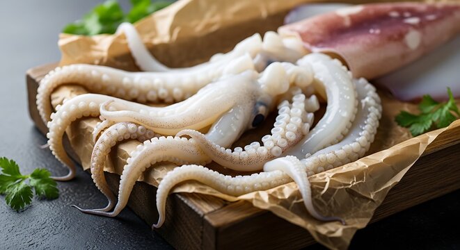 Fresh raw squid and octopus tentacles on a rustic wooden cutting board, meticulously arranged and ready for culinary preparation, ideal for gourmet seafood recipes
