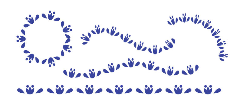 A collection of decorative borders and a circular frame made from a simple blue floral Mexican  folk art pattern on a white background.