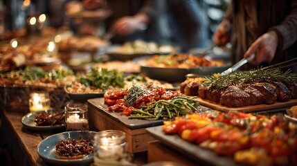 Bustling buffet line at a catered event, with guests serving themselves from a long table laden with a wide variety of colorful, delicious dishes.