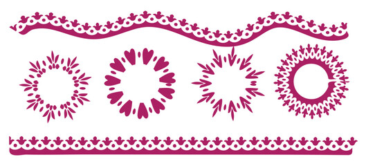 A set of ornamental magenta Mexican borders and circular frames with intricate, lace-like patterns on a white background.
